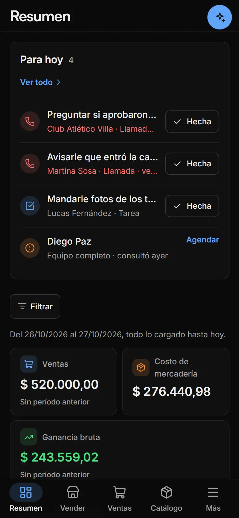 El Resumen de Nexo en el celular, con la barra de secciones abajo.