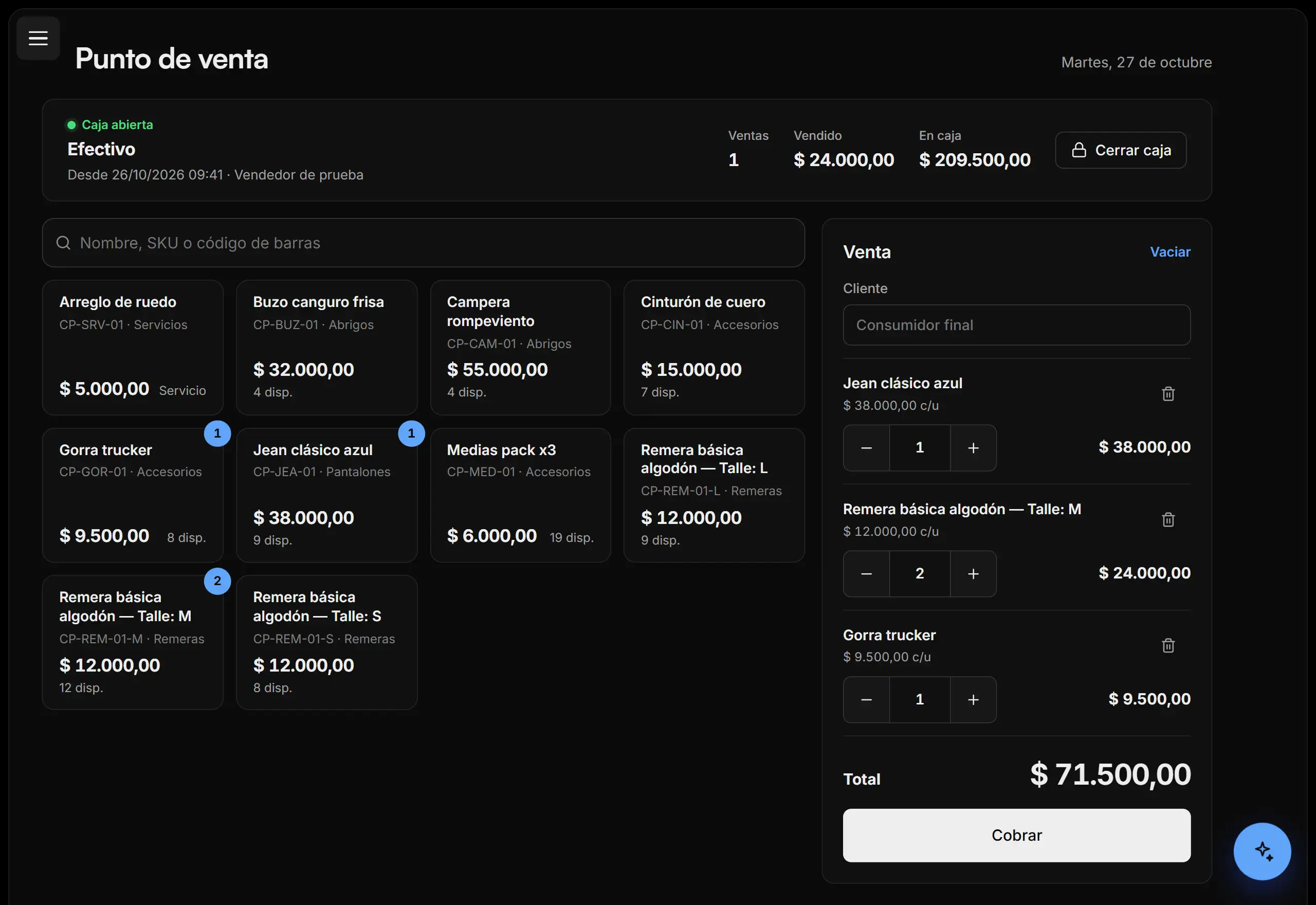 El punto de venta de Nexo con la caja abierta, los productos y una venta de tres productos por cobrar.