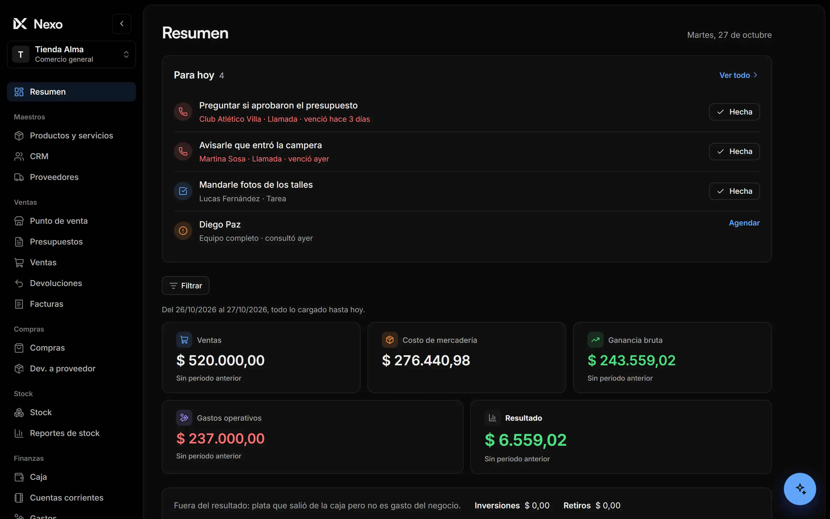 El Resumen de Nexo: lo que hay que hacer hoy, las ventas, el costo de la mercadería, la ganancia y el resultado del período.